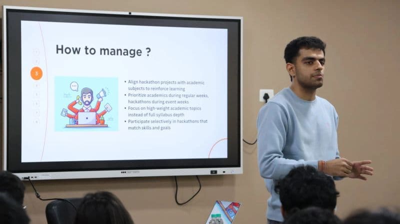 Tanay presenting on managing hackathons and academics